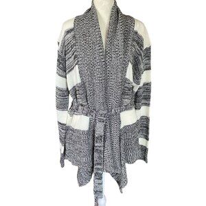 Caren Sport women's 1X black and cream long sleeve belted cardigan sweater